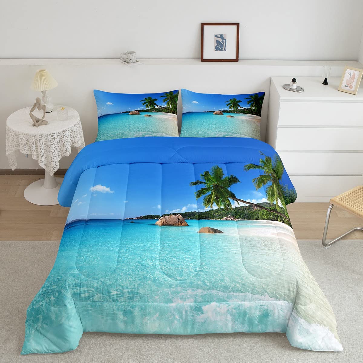 Ocean Comforter Set Palm Leaves Printd Down Comforter, Summer Beach Decor Hawaiian Vacation Style Quilted Duvet Green Palm Trees